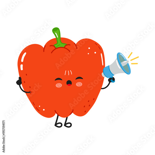 Red bell pepper character shouting into a megaphone