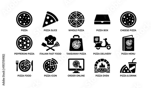 Pizza icons collection: slices, delivery, oven, menu, fast food symbols