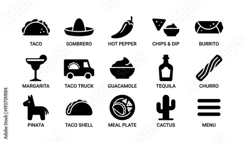 Mexican cuisine icons: taco, sombrero, hot pepper, burrito, margarita, and more