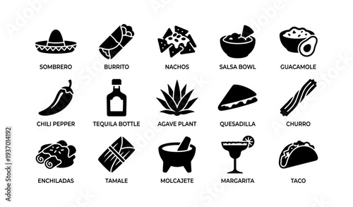 Mexican cuisine icons: sombrero, burrito, nachos, salsa, guacamole, chili, tequila, enchiladas