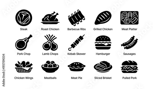 Variety of meat icons: steak, roast chicken, barbecue ribs, grilled chicken