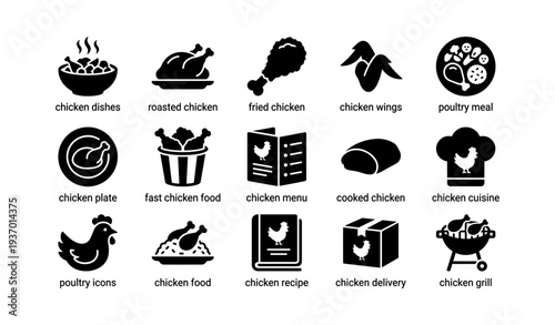 Simple chicken icons collection: dishes, fast food, cuisine, delivery, grill