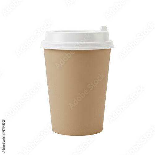 A white lid on top of a brown disposable coffee cup against a white background isolated on transparent background