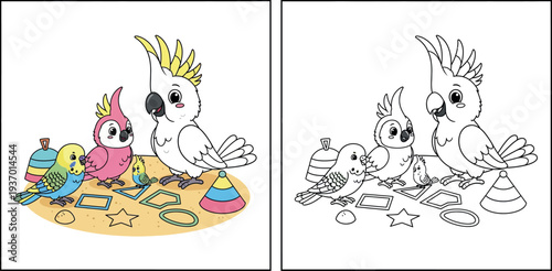 Cute cartoon parrots playing on sand with beach toys and shapes, white cockatoo and blue budgie birds