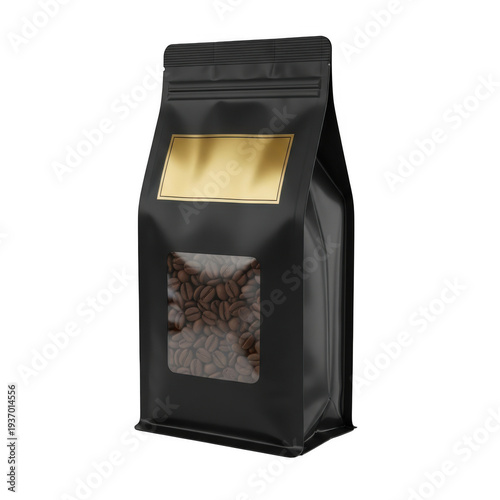 Black bag of ground coffee with gold label and red design on front isolated on transparent background