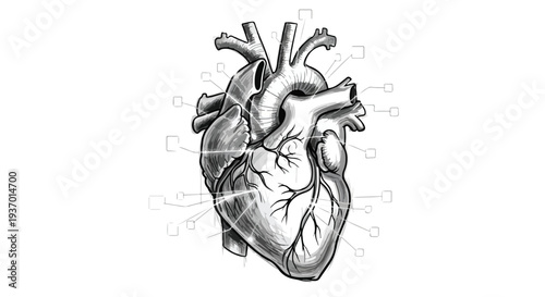 Detailed human heart cardiovascular medical sketch