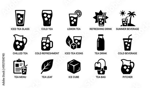 Iced tea and refreshing beverage icons with pitcher and glass designs