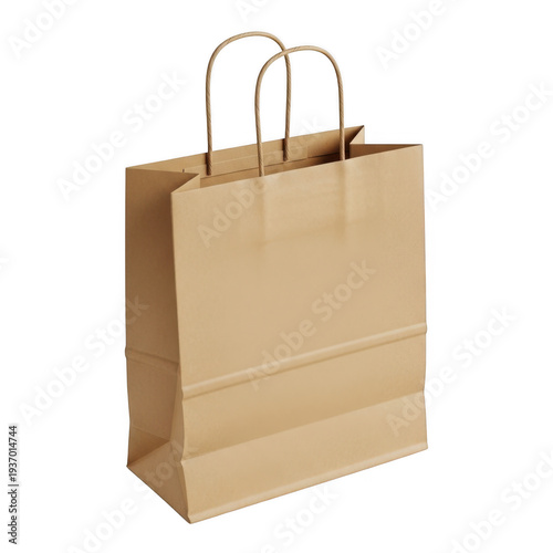 A brown paper shopping bag with handles standing upright against a white background. isolated on transparent background