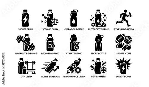 Fitness and hydration icons: sports drinks, workout beverages, energy boost