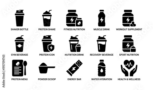 Fitness nutrition icons collection featuring protein shakes and supplements