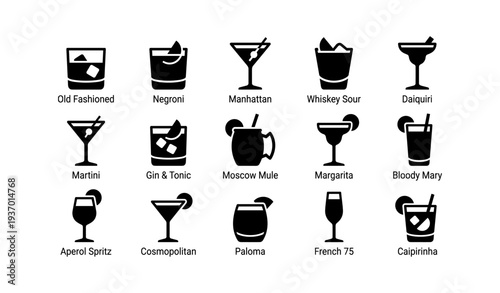 Cocktail icons set featuring martini, negroni, and margarita illustrations