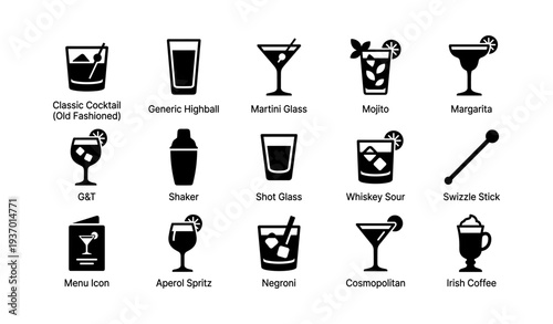 Cocktail glass icons: martini, mojito, margarita, negroni, shaker