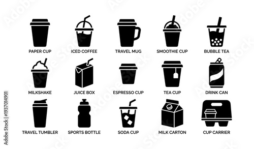 Various beverage containers: cups, boxes, and bottles icons collection