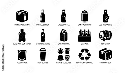 Collection of drink packaging icons featuring bottles, cans, cartons, and recycling symbols