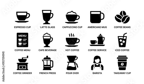 Coffee icon set: espresso, latte, cappuccino, americano, beans, menu, french press, barista