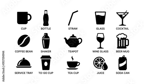 Silhouette icons of beverage containers and related items on white background