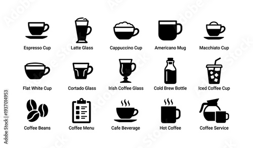 Set of coffee icons: cups, glasses, beans, and beverages
