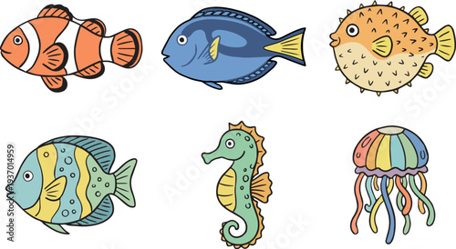 Stylized Ocean Animals Vector Design Including Clownfish, Tang, Pufferfish, and Seahorse