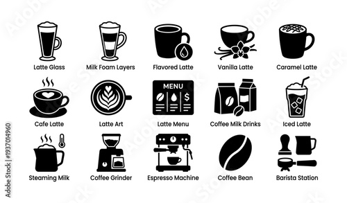 Coffee icons: latte, espresso, grinder, milk, barista, menu, art