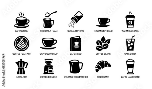 Coffee icons set: espresso, cappuccino, latte, moka pot, croissant