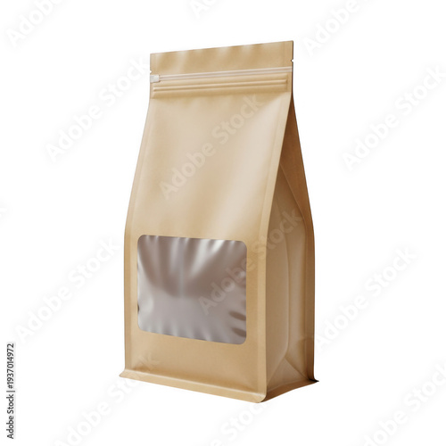 A brown paper bag filled with coffee beans sits on a white background. isolated on transparent background