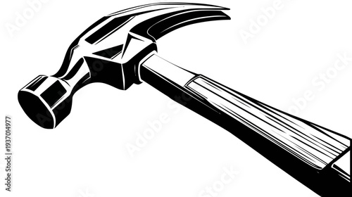 A black and white illustration of a claw hammer, angled, with detailed shading, isolated on white
