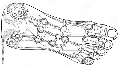 Black and white illustration of a foot with internal organ/nerve/system mapping