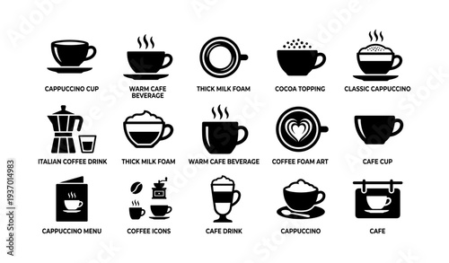 Coffee cup icons with beverage variants and foam art designs