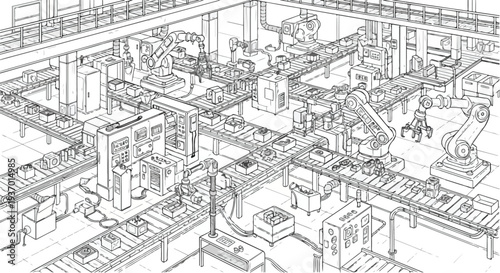 Industrial manufacturing factory technical sketch art