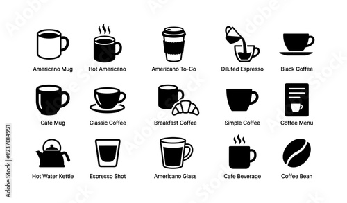 Coffee icon collection featuring various cup designs and espresso shots