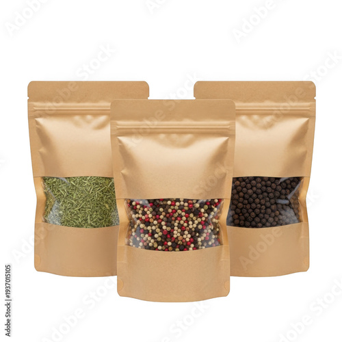 Three brown paper bags filled with different types of coffee beans isolated on transparent background