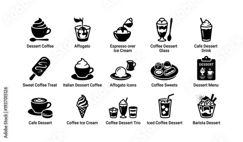 Coffee and dessert icons: affogato, espresso, ice cream, and more