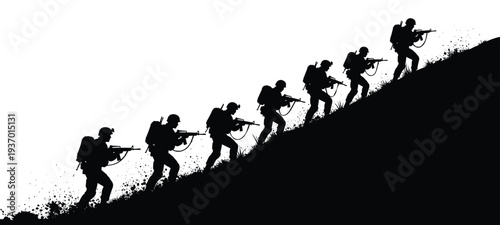 Soldier silhouette vector illustration with military team climbing uphill in combat