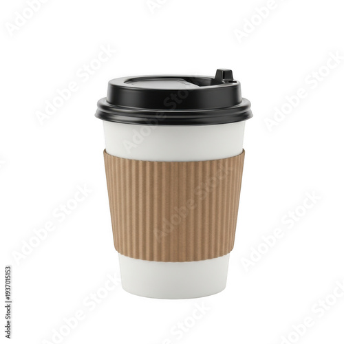 A disposable coffee cup with a black lid and brown cardboard sleeve isolated on transparent background