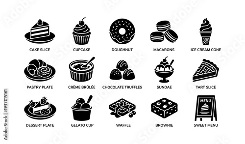Assorted dessert icons: cake slice, cupcake, doughnut, macarons, ice cream cone