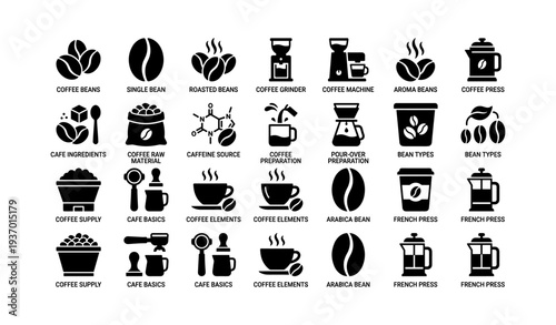 Coffee icon set: beans, equipment, preparation, and types