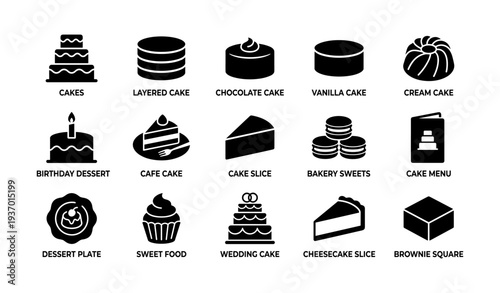 Collection of cake and dessert icons: variety of sweet treats