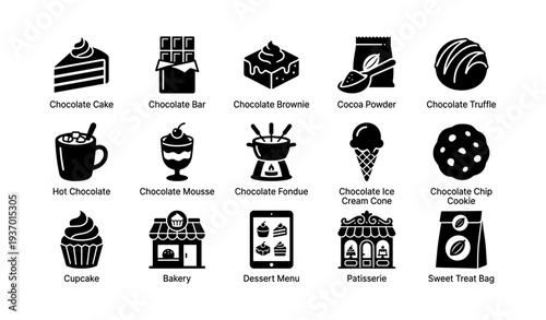 Black and white icon set of chocolate treats and desserts
