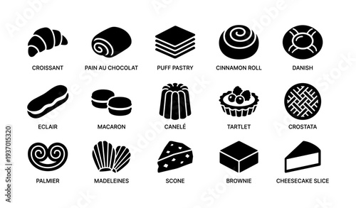 Assorted pastries collection: croissant, danish, eclair, canelé, tartlet, brownie