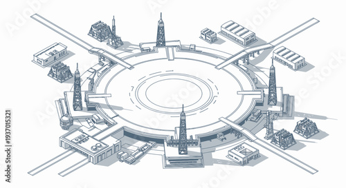 Futuristic Cityscape Blueprint with Central Hub and Industrial Buildings