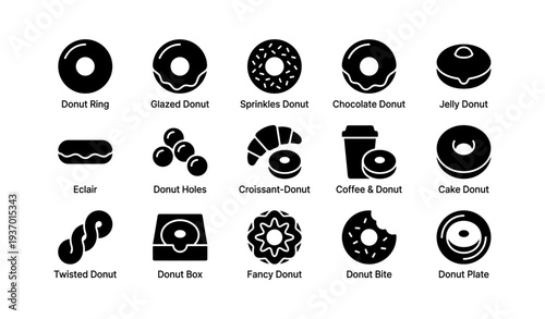 Variety of donuts and pastries: ring, glazed, sprinkles, eclair, coffee, cake, jelly