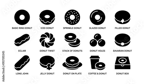 Assorted donut types: ring, iced, sprinkled, filled, eclair, coffee, and more icons