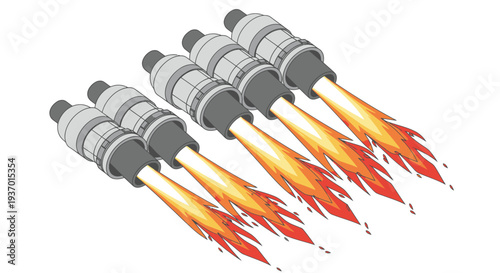 Multiple rockets launching with fiery trails, symbolizing speed, power, and space exploration.