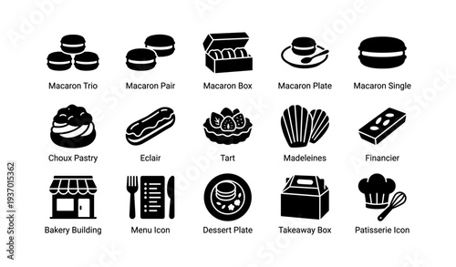 Icon set featuring french pastries and bakery elements