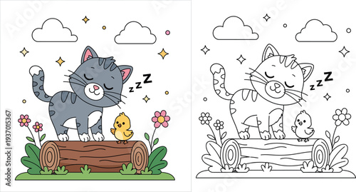Cute grey tabby cat sleeping on wooden log next to small yellow chick friend, peaceful nature vector