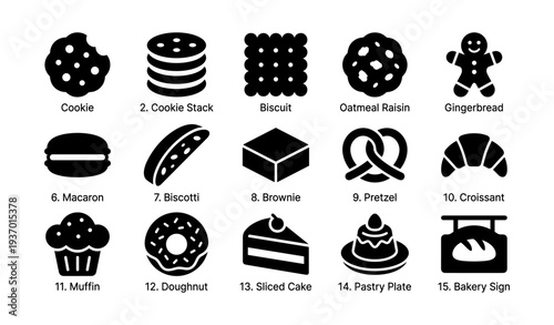 Assorted baked goods icons: cookies, biscuits, pastries, cakes, pretzels, bread