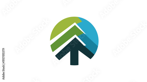 Colorful logo depicting an upward arrow composed of layered triangles within a semi-circle