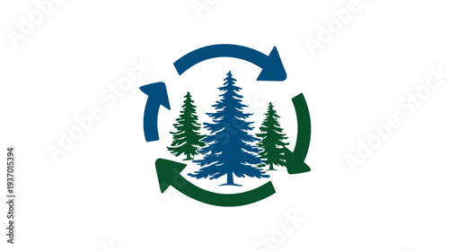 Circular arrangement with trees and arrows indicating a recycling or sustainability process