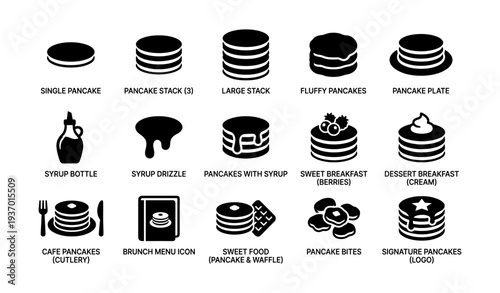 Pancake icon set: stack, syrup, breakfast, dessert, sweet