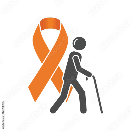Multiple sclerosis awareness orange ribbon and elderly person walking cane vector illustration